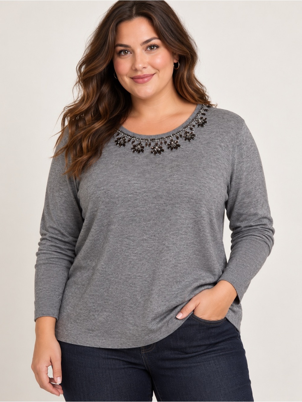 Lauren Ralph Lauren 3X Gray Jeweled Embellished Neck Sweater